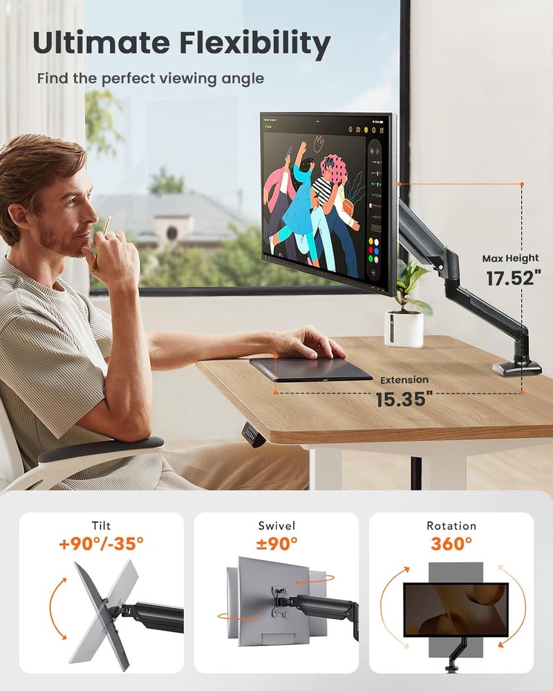 ErGear Single Monitor Arm for 13-34 inch Screens, Adjustable Gas Spring Monitor Mount Holds up to 22 lbs, Computer Monitor Stand with VESA Mount, C-Clamp & Grommet Base, Max VESA 100x100mm, - Image 3